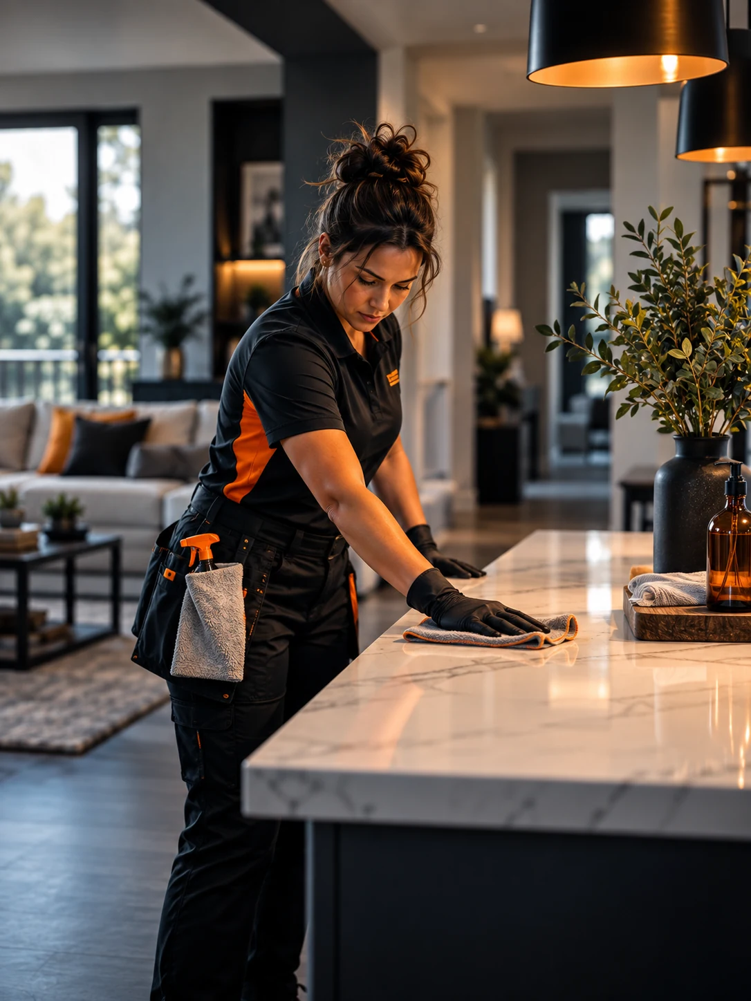 Professional residential cleaner wiping a kitchen island inside a home