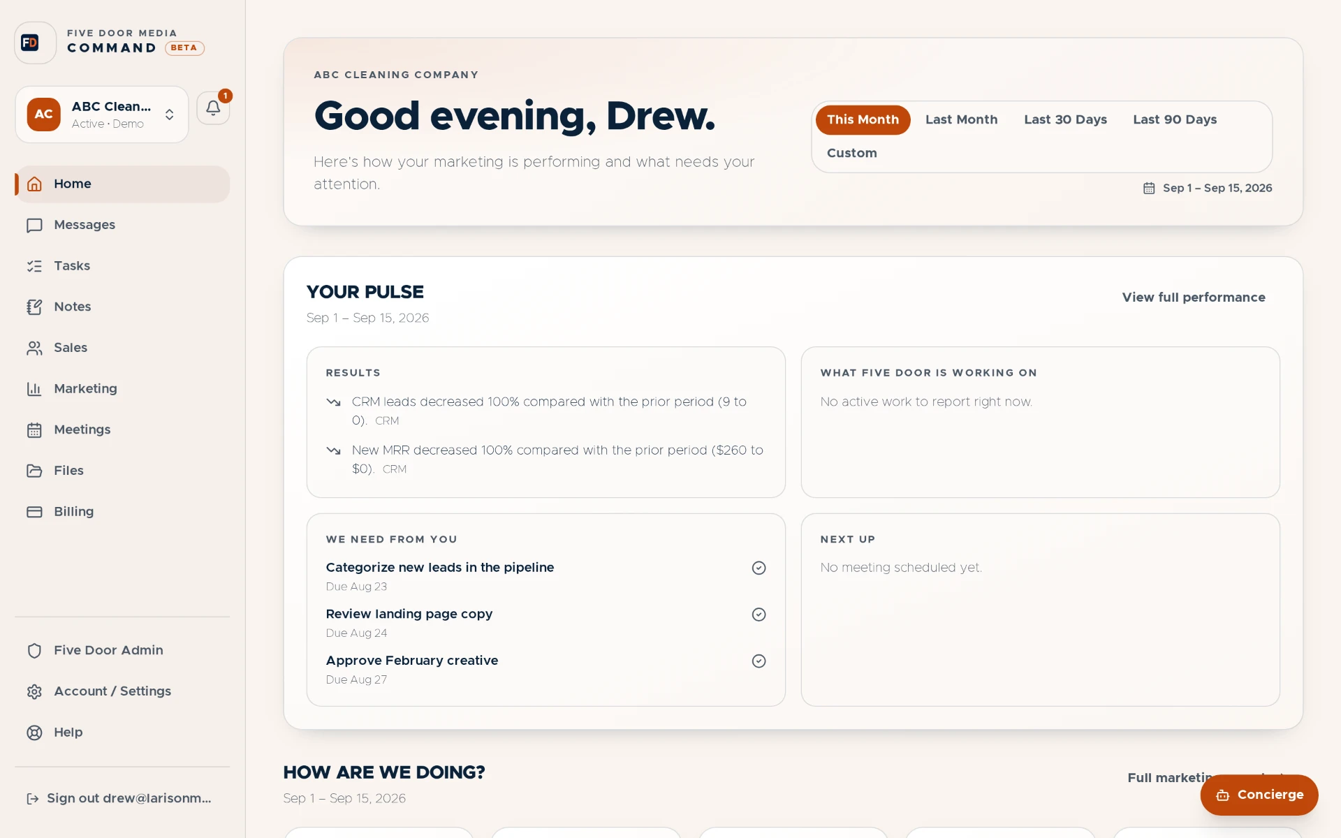 Client Pulse, the Command home view, showing results, work in progress, items needing client attention, and what is next.